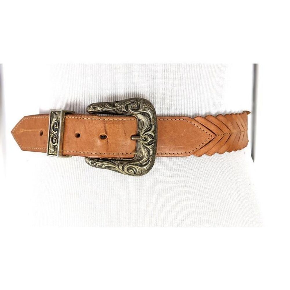 ✨Vintage Milor brown wide leather laser cut western buckle Sz M/L belt✨